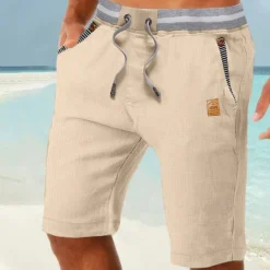 Best OUKU Men's Shorts Linen Shorts Summer Shorts Beach Shorts Pocket Drawstring Elastic Waist Color Block Comfort Breathable Full Length Casual Daily Holiday Vacation Fashion Dark Khaki Light Khaki