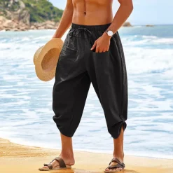 Clearance OUKU Men's Shorts Linen Shorts Summer Shorts Beach Shorts Capri Pants Drawstring Elastic Waist Front Pocket Plain Comfort Breathable Daily Holiday Going out Hawaiian Boho Black White
