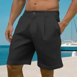 Hot OUKU Men's Shorts Linen Shorts Summer Shorts Beach Shorts Button Pocket Straight Leg Plain Comfort Breathable Short Casual Daily Holiday Linen / Cotton Blend Fashion Black White