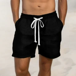 Outlet OUKU Men's Shorts Linen Shorts Summer Shorts Drawstring Elastic Waist Straight Leg Plain Comfort Breathable Above Knee Casual Daily Holiday Fashion Classic Style Black White