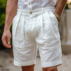 Clearance OUKU Men's Shorts Linen Shorts Dress Shorts Summer Shorts Pleated Shorts Pocket Pleats Straight Leg Plain Comfort Breathable Knee Length Formal Work Daily Fashion Streetwear Black White Inelastic