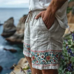Discount OUKU Men's Shorts Linen Shorts Summer Shorts Beach Shorts Patchwork Drawstring Elastic Waist Plain Breathable Knee Length Vacation Holiday Beach Fashion Casual White