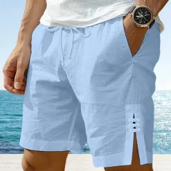 Best OUKU Men's Shorts Linen Shorts Summer Shorts Button Split Front Pocket Plain Comfort Breathable Knee Length Party Outdoor Casual Fashion Basic White Navy Blue