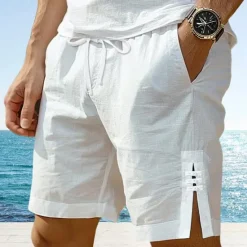 Best OUKU Men's Shorts Linen Shorts Summer Shorts Button Split Front Pocket Plain Comfort Breathable Knee Length Party Outdoor Casual Fashion Basic White Navy Blue