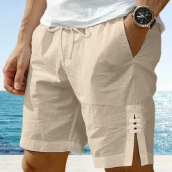 Best OUKU Men's Shorts Linen Shorts Summer Shorts Button Split Front Pocket Plain Comfort Breathable Knee Length Party Outdoor Casual Fashion Basic White Navy Blue
