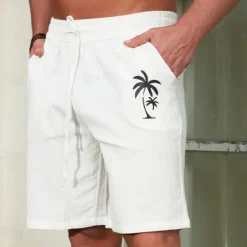 Best OUKU Men's Shorts Linen Shorts Summer Shorts Button Split Front Pocket Plain Comfort Breathable Knee Length Party Outdoor Casual Fashion Basic White Navy Blue