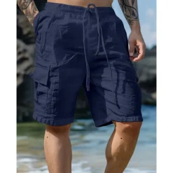 Best OUKU Men's Shorts Linen Shorts Summer Shorts Beach Shorts Drawstring Elastic Waist Multi Pocket Plain Knee Length Outdoor Beach Hawaiian Casual ArmyGreen Black Inelastic