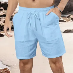 Online OUKU Men's Shorts Linen Shorts Summer Shorts Beach Shorts Pocket Drawstring Elastic Waist Plain Comfort Breathable Short Vacation Holiday Beach Hawaiian Boho Black White