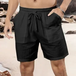 Online OUKU Men's Shorts Linen Shorts Summer Shorts Beach Shorts Pocket Drawstring Elastic Waist Plain Comfort Breathable Short Vacation Holiday Beach Hawaiian Boho Black White