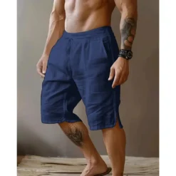 Discount OUKU Men's Shorts Linen Shorts Summer Shorts Split Front Pocket Straight Leg Plain Comfort Breathable Knee Length Party Outdoor Casual Fashion Basic Black White