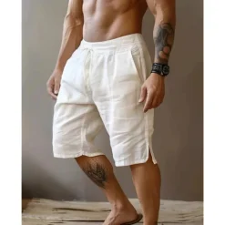 Discount OUKU Men's Shorts Linen Shorts Summer Shorts Split Front Pocket Straight Leg Plain Comfort Breathable Knee Length Party Outdoor Casual Fashion Basic Black White