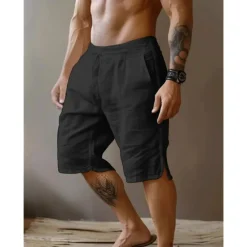 Discount OUKU Men's Shorts Linen Shorts Summer Shorts Split Front Pocket Straight Leg Plain Comfort Breathable Knee Length Party Outdoor Casual Fashion Basic Black White