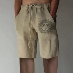 New OUKU Men's Shorts Linen Shorts Summer Shorts Baggy Shorts Elastic Waist Print Straight Leg Sun Graphic Prints Comfort Breathable Knee Length Sports Outdoor Daily Fashion Big and Tall White Blue