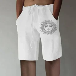 New OUKU Men's Shorts Linen Shorts Summer Shorts Baggy Shorts Elastic Waist Print Straight Leg Sun Graphic Prints Comfort Breathable Knee Length Sports Outdoor Daily Fashion Big and Tall White Blue
