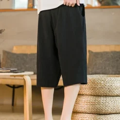 New OUKU Men's Shorts Linen Shorts Summer Shorts Beach Shorts Capri Pants Drawstring Elastic Waist Plain Breathable Soft Calf-Length Casual Daily Holiday Linen / Cotton Blend Streetwear Hawaiian Black Blue