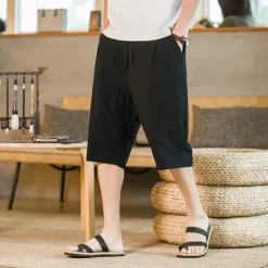 New OUKU Men's Shorts Linen Shorts Summer Shorts Beach Shorts Capri Pants Drawstring Elastic Waist Plain Breathable Soft Calf-Length Casual Daily Holiday Linen / Cotton Blend Streetwear Hawaiian Black Blue