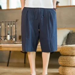 New OUKU Men's Shorts Linen Shorts Summer Shorts Beach Shorts Capri Pants Drawstring Elastic Waist Plain Breathable Soft Calf-Length Casual Daily Holiday Linen / Cotton Blend Streetwear Hawaiian Black Blue