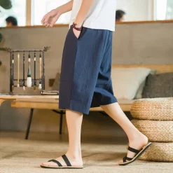 New OUKU Men's Shorts Linen Shorts Summer Shorts Beach Shorts Capri Pants Drawstring Elastic Waist Plain Breathable Soft Calf-Length Casual Daily Holiday Linen / Cotton Blend Streetwear Hawaiian Black Blue