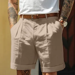 OUKU Men's Shorts Linen Shorts Dress Shorts Summer Shorts Pleated Shorts Pocket Pleats Straight Leg Plain Comfort Breathable Short Casual Daily Holiday Fashion Designer Black White