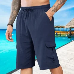 Best OUKU Men's Shorts Linen Shorts Summer Shorts Beach Shorts Drawstring Elastic Waist Multi Pocket Plain Comfort Breathable Short Vacation Holiday Beach Hawaiian Boho Black White