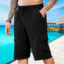 Best OUKU Men's Shorts Linen Shorts Summer Shorts Beach Shorts Drawstring Elastic Waist Multi Pocket Plain Comfort Breathable Short Vacation Holiday Beach Hawaiian Boho Black White