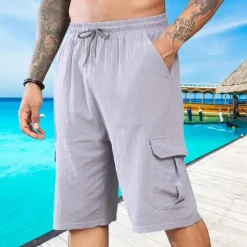 Best OUKU Men's Shorts Linen Shorts Summer Shorts Beach Shorts Drawstring Elastic Waist Multi Pocket Plain Comfort Breathable Short Vacation Holiday Beach Hawaiian Boho Black White