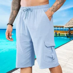Best OUKU Men's Shorts Linen Shorts Summer Shorts Beach Shorts Drawstring Elastic Waist Multi Pocket Plain Comfort Breathable Short Vacation Holiday Beach Hawaiian Boho Black White