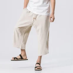 Outlet OUKU Men's Shorts Linen Shorts Summer Shorts Crop Beach Shorts Drawstring Elastic Waist Straight Leg Plain Comfort Breathable Calf-Length Sports Outdoor Casual Daily Streetwear Classic Style Black Wine