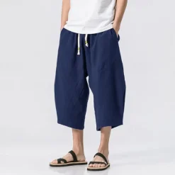 Outlet OUKU Men's Shorts Linen Shorts Summer Shorts Crop Beach Shorts Drawstring Elastic Waist Straight Leg Plain Comfort Breathable Calf-Length Sports Outdoor Casual Daily Streetwear Classic Style Black Wine