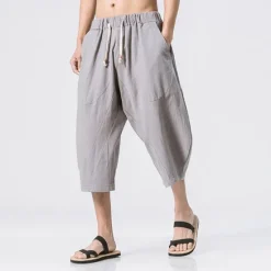 Outlet OUKU Men's Shorts Linen Shorts Summer Shorts Crop Beach Shorts Drawstring Elastic Waist Straight Leg Plain Comfort Breathable Calf-Length Sports Outdoor Casual Daily Streetwear Classic Style Black Wine