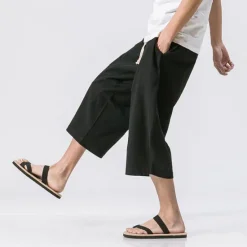 Outlet OUKU Men's Shorts Linen Shorts Summer Shorts Crop Beach Shorts Drawstring Elastic Waist Straight Leg Plain Comfort Breathable Calf-Length Sports Outdoor Casual Daily Streetwear Classic Style Black Wine