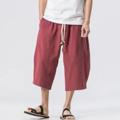 Outlet OUKU Men's Shorts Linen Shorts Summer Shorts Crop Beach Shorts Drawstring Elastic Waist Straight Leg Plain Comfort Breathable Calf-Length Sports Outdoor Casual Daily Streetwear Classic Style Black Wine