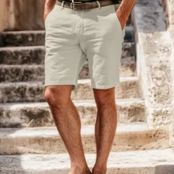Online OUKU Men's Shorts Linen Shorts Dress Shorts Summer Shorts Zipper Pocket Buttons Plain Comfort Soft Outdoor Daily Going out Fashion Casual Black White