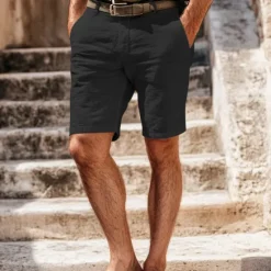 Online OUKU Men's Shorts Linen Shorts Dress Shorts Summer Shorts Zipper Pocket Buttons Plain Comfort Soft Outdoor Daily Going out Fashion Casual Black White