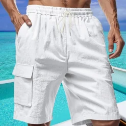 Online OUKU Men's Shorts Linen Shorts Summer Shorts Beach Shorts Drawstring Elastic Waist Multi Pocket Plain Comfort Breathable Short Vacation Holiday Beach Hawaiian Boho Black White