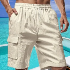 Online OUKU Men's Shorts Linen Shorts Summer Shorts Beach Shorts Drawstring Elastic Waist Multi Pocket Plain Comfort Breathable Short Vacation Holiday Beach Hawaiian Boho Black White