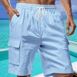 Online OUKU Men's Shorts Linen Shorts Summer Shorts Beach Shorts Drawstring Elastic Waist Multi Pocket Plain Comfort Breathable Short Vacation Holiday Beach Hawaiian Boho Black White