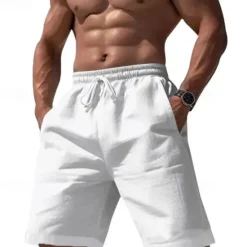 Clearance OUKU Men's Shorts Linen Shorts Summer Shorts Pocket Drawstring Elastic Waist Plain Comfort Breathable Short Casual Daily Holiday Fashion Classic Style Black White