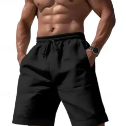 Clearance OUKU Men's Shorts Linen Shorts Summer Shorts Pocket Drawstring Elastic Waist Plain Comfort Breathable Short Casual Daily Holiday Fashion Classic Style Black White