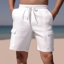 Clearance OUKU Men's Shorts Linen Shorts Summer Shorts Beach Shorts Drawstring Elastic Waist Multi Pocket Plain Comfort Breathable Short Casual Daily Holiday Fashion Classic Style Azure Black
