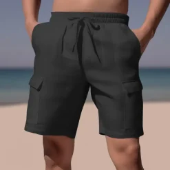 Clearance OUKU Men's Shorts Linen Shorts Summer Shorts Beach Shorts Drawstring Elastic Waist Multi Pocket Plain Comfort Breathable Short Casual Daily Holiday Fashion Classic Style Azure Black