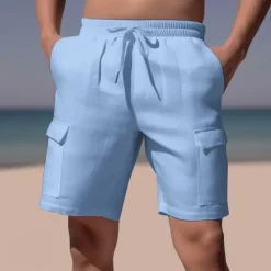 Clearance OUKU Men's Shorts Linen Shorts Summer Shorts Beach Shorts Drawstring Elastic Waist Multi Pocket Plain Comfort Breathable Short Casual Daily Holiday Fashion Classic Style Azure Black