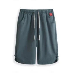 Hot OUKU Men's Shorts Linen Shorts Summer Shorts Capri Pants Drawstring Plain Sports Short Work Daily Linen / Cotton Blend Classic Casual / Sporty Black Green Black