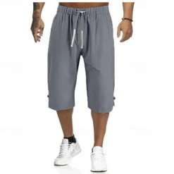 Hot OUKU Men's Shorts Linen Shorts Summer Shorts Capri Pants Drawstring Plain Sports Short Work Daily Linen / Cotton Blend Classic Casual / Sporty Black Green Black