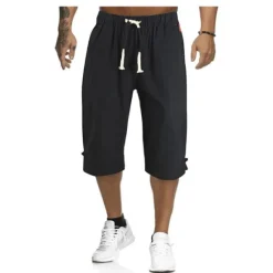 Hot OUKU Men's Shorts Linen Shorts Summer Shorts Capri Pants Drawstring Plain Sports Short Work Daily Linen / Cotton Blend Classic Casual / Sporty Black Green Black