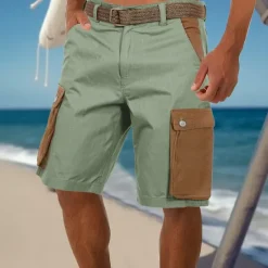 Clearance OUKU Men's Shorts Linen Shorts Summer Shorts Patchwork Pocket Color Block Comfort Breathable Short Casual Daily Holiday Fashion Designer Green Khaki