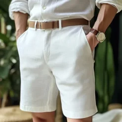 Online OUKU Men's Shorts Linen Shorts Dress Shorts Summer Shorts Pocket Buttons Plain Comfort Breathable Short Formal Outdoor Business Fashion Classic Style Black White Inelastic