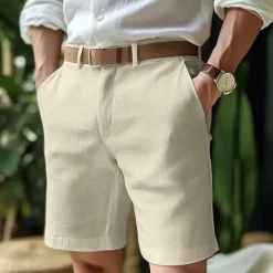 Online OUKU Men's Shorts Linen Shorts Dress Shorts Summer Shorts Pocket Buttons Plain Comfort Breathable Short Formal Outdoor Business Fashion Classic Style Black White Inelastic