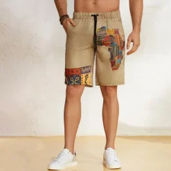 Sale OUKU Men's Shorts Summer Shorts Beach Shorts Drawstring Elastic Waist African Map Print Ethnic Style Breathable Soft Short Casual Daily Holiday Designer Clothing Khaki