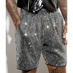 OUKU Men's Shorts Summer Shorts Casual Shorts Pocket Elastic Waist Sequin Plain Comfort Breathable Short Outdoor Vacation Sport Casual Silver Black